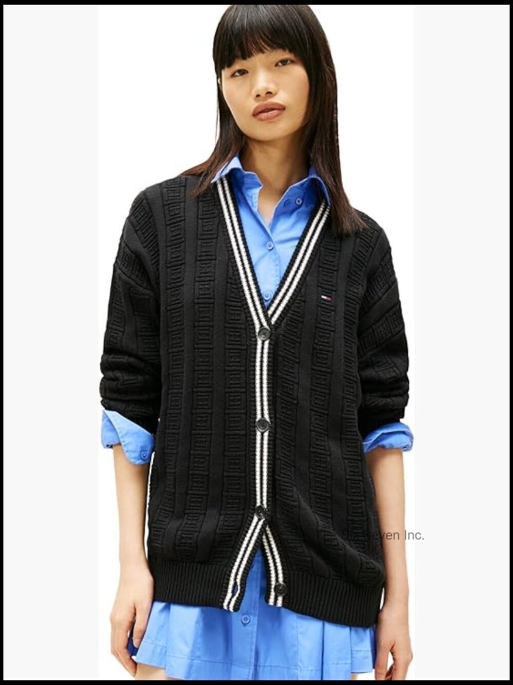 Medium Weight Cotton Cable Cardigan with Knit Flag Print